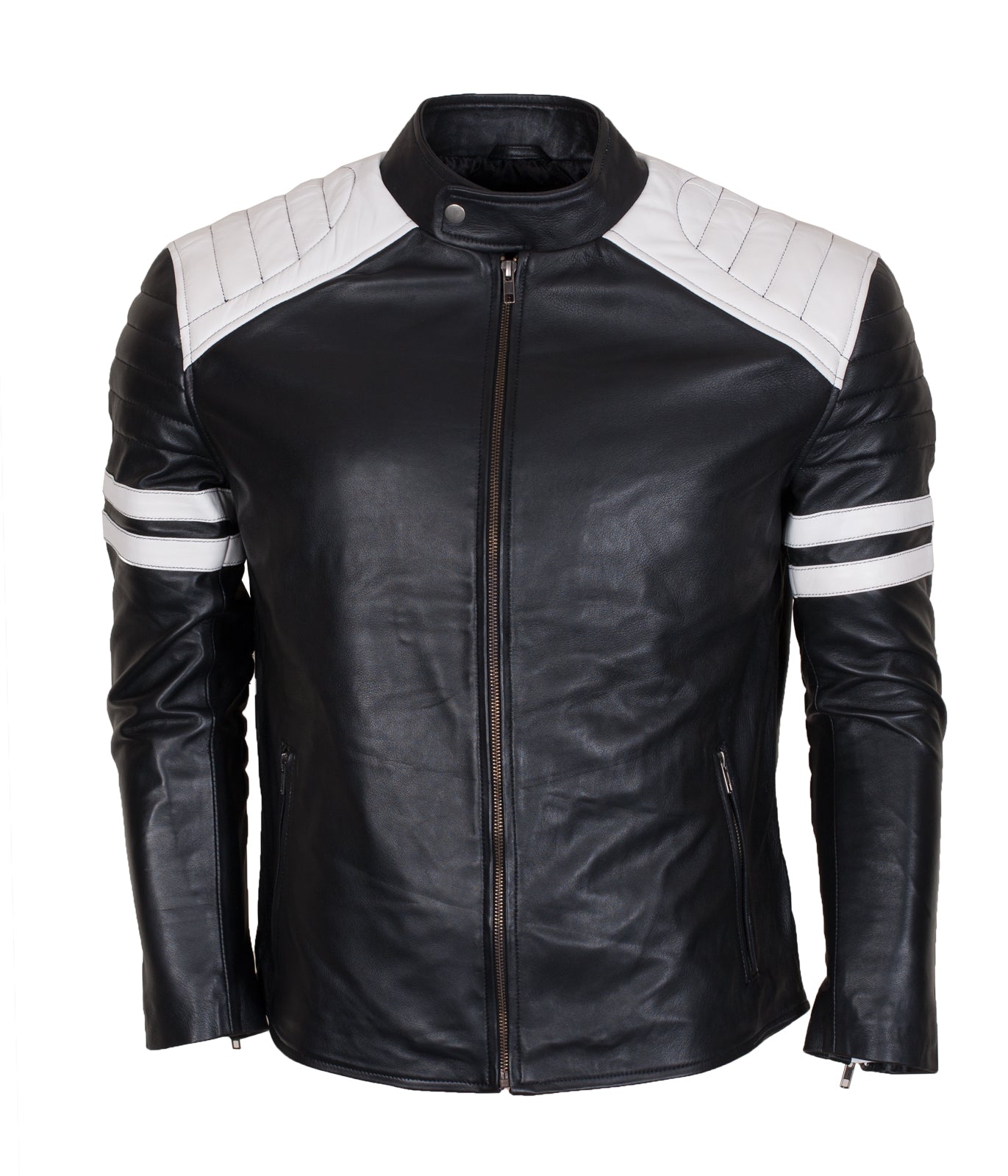 White Stripes Black Biker Leather Jacket