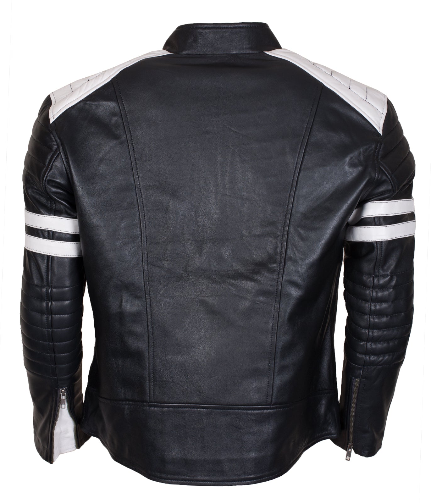 White Stripes Black Biker Leather Jacket