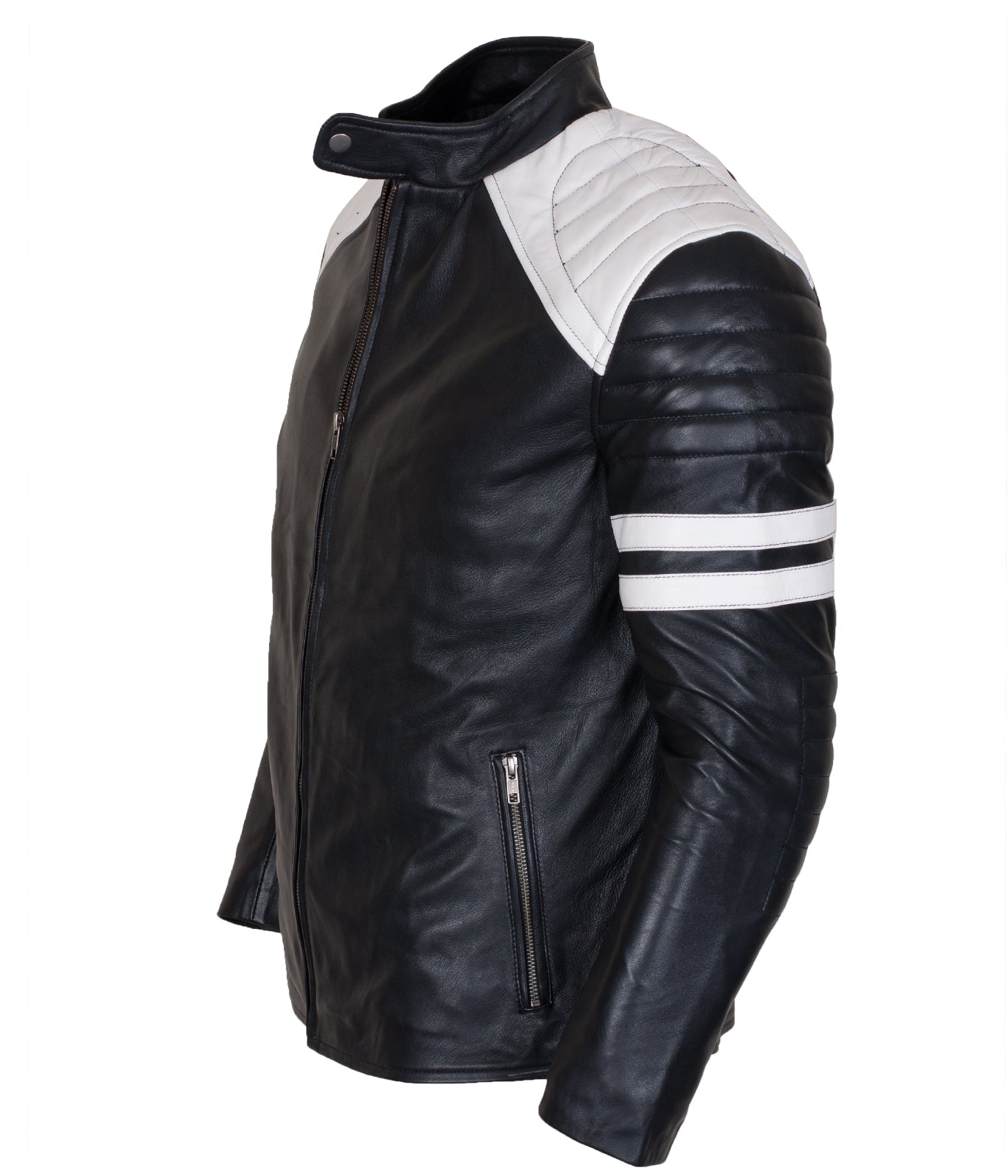 White Stripes Black Biker Leather Jacket