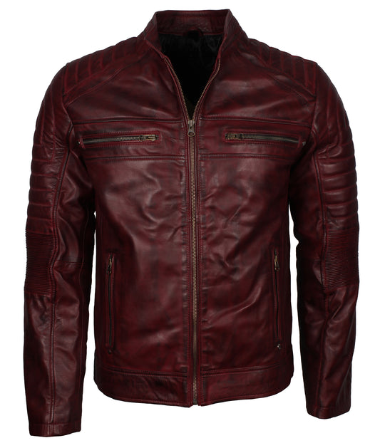 Cafe Racer Maroon Waxed Vintage Leather Jacket - Herren Rot Wein Lederjacke