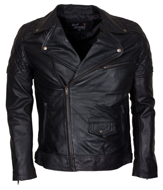 Moto Vintage Biker Motorcycle Leather Jacket  - Schwarz Biker Brando Lederjacke