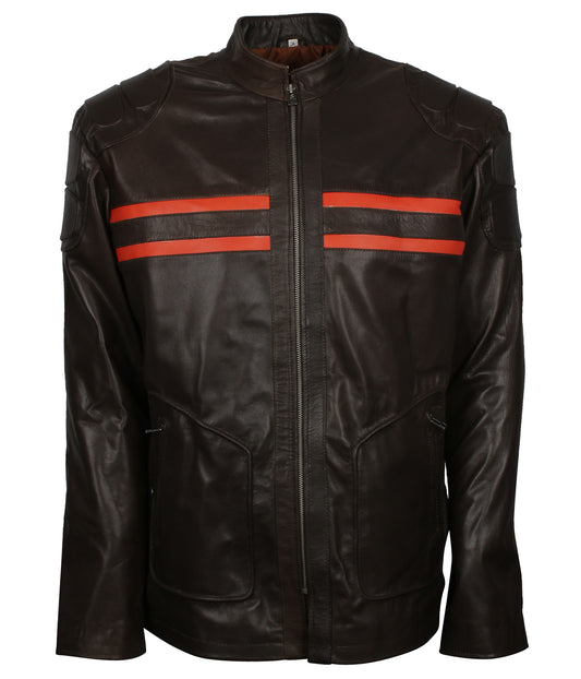 Red Stripe Motorcycle Black Leather Jacket