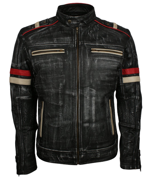 Retro Grey Distressed Biker Leather Jacket - Waxed Moto GP Rider Jacket