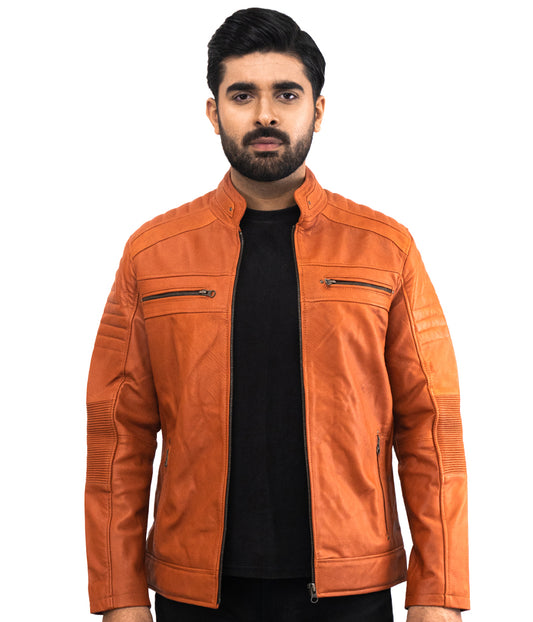 Tan Brown Mens Biker Leather Jacket