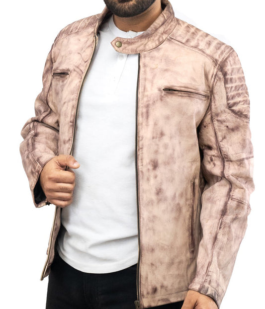 Waxed White Biker Motorcycle Real Leather Jacket