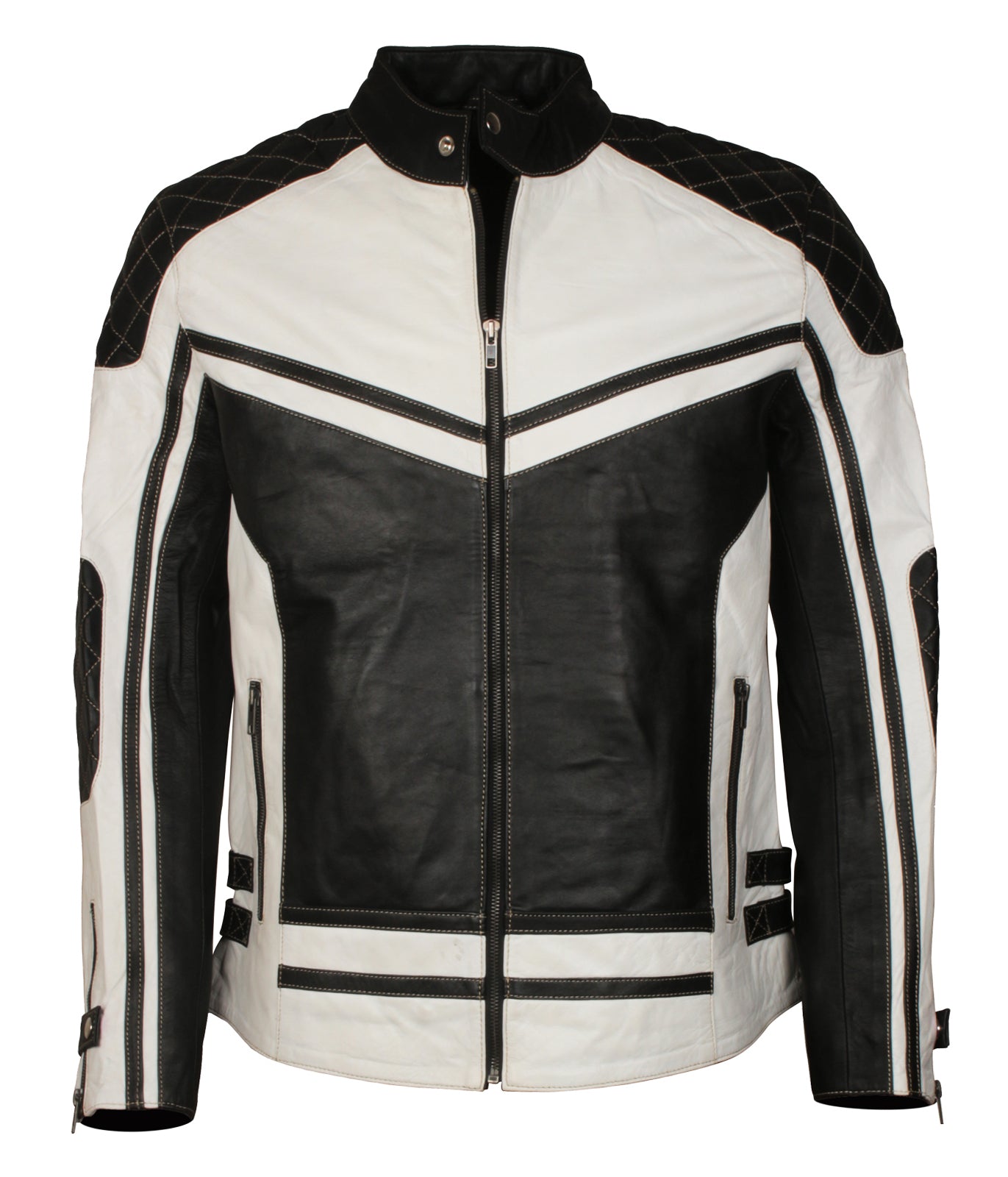 Biker Mens Black And White Vintage Style Motorcycle Leather Jacket