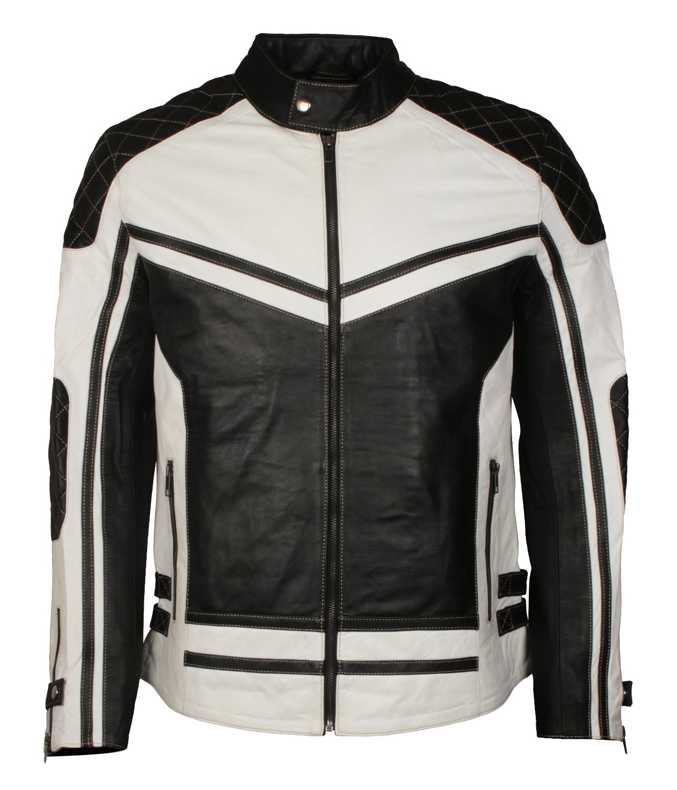 Biker Mens Black And White Vintage Style Motorcycle Leather Jacket