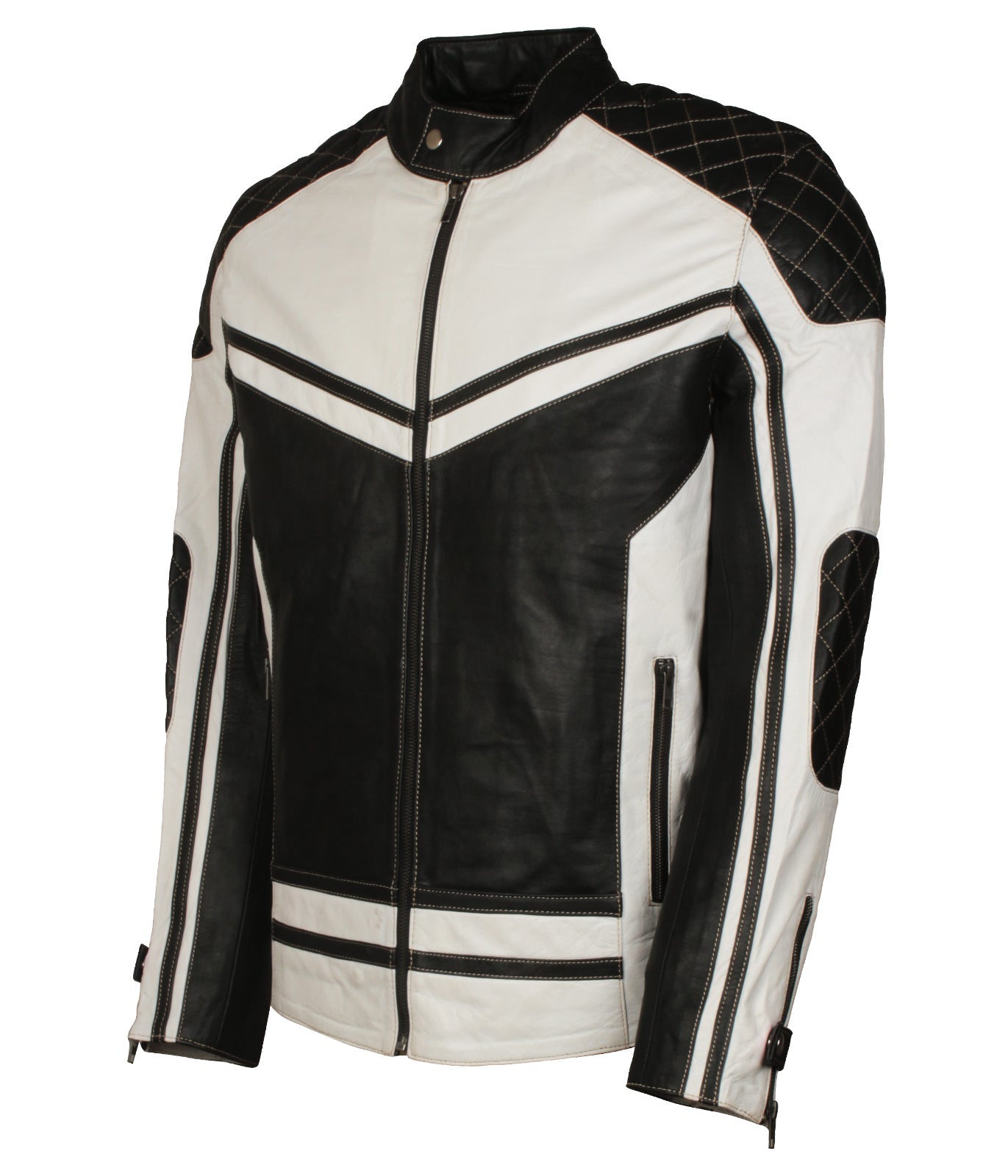 Biker Mens Black And White Vintage Style Motorcycle Leather Jacket