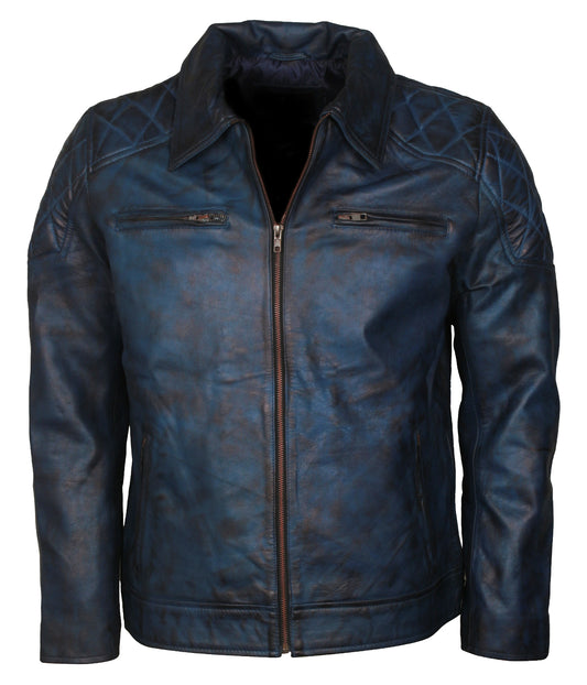 Biker Mens Blue Waxed Motorcycle Collar Leather Jacket