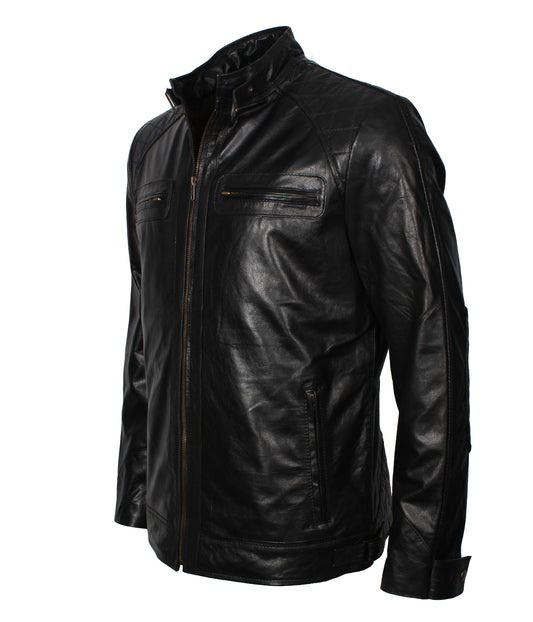 Biker Quilted Black Motorcycle Riding Leather Jacket - Gepolsterte Bikerjacke