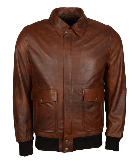 Brown Waxed Mens Biker Leather Cafe Racer Jacket - Herren Braun Lederjacke