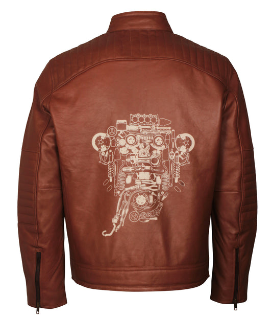 Car Engine Mens Brown BIker Motorcycle Leather Jacket