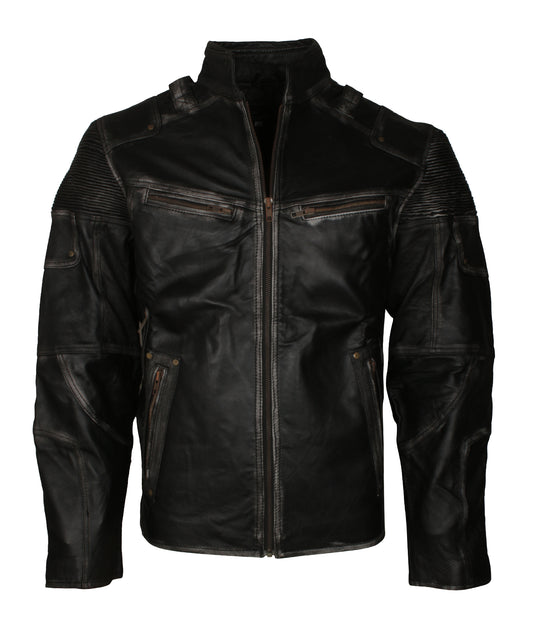 Distressed Biker Mens Black Motorcycle Vintage Cafe Racer Leather Jacket - Herren Schwarz Lederjacke