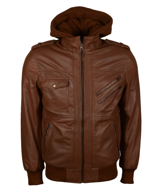 Hooded Brown Mens Biker Leather Smoking Jacket