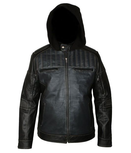 Hooded Black Distressted Mens Biker Leather Flight Jacket