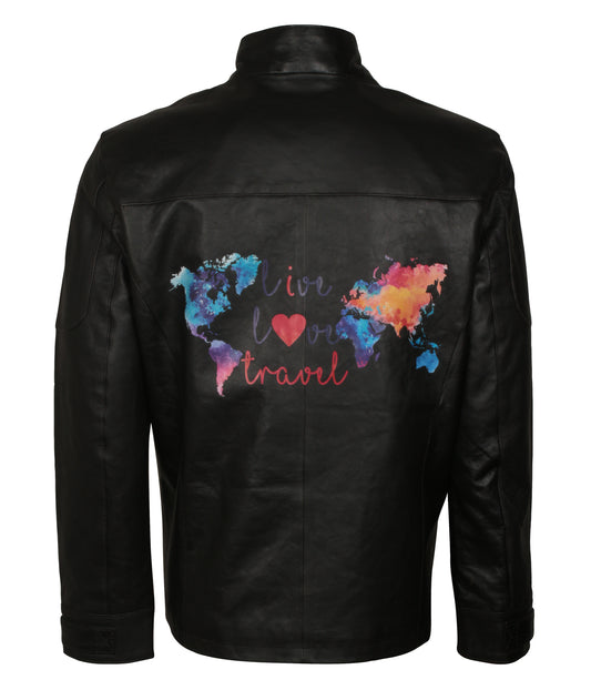 Live I Love Travel Globe BIker World Map Black Leather Jacket