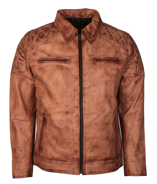 Mens Brown Waxed Distressed Biker Designer Leather Moto Jacket