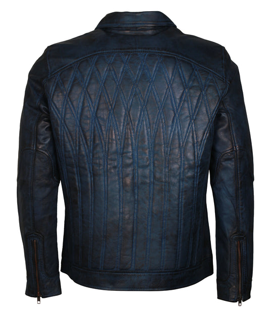 Quilted Blue Cafe Racer Mens Motorcyle Leather Jacket